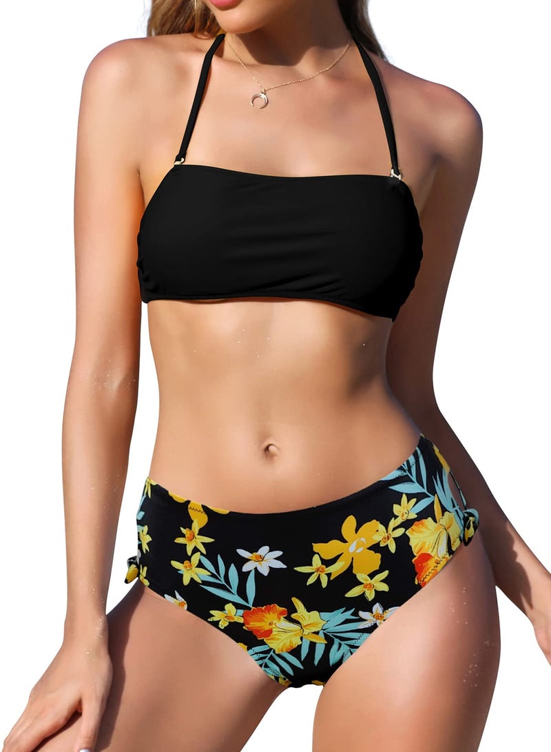 SHEKINI Women's Halter Bandeau Bikini Set Cutout Side Swimwear,Strapless Two Piece Swimsuits (Yellow - Printing, Large) - Image 1